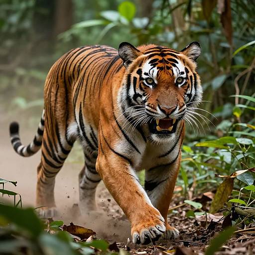 Photograph of a powerful Bengal tiger with vivid orange and black stripes, walking through a dense, green forest, kicking up dust with its front paw.