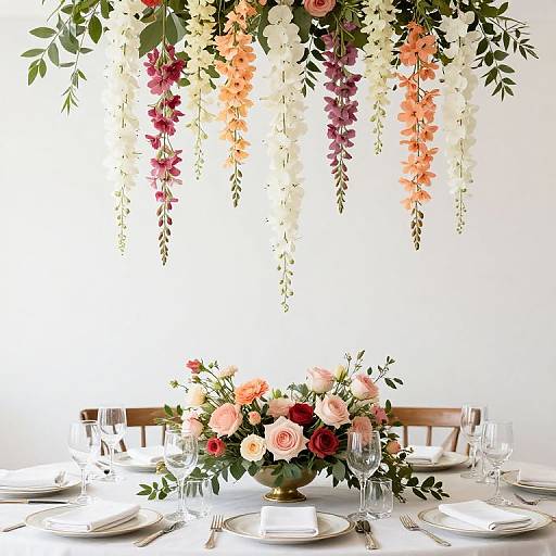 Photograph of a elegant table centerpiece with hanging floral garlands, featuring pink, white, and purple flowers, surrounded by white plates and crystal glasses.