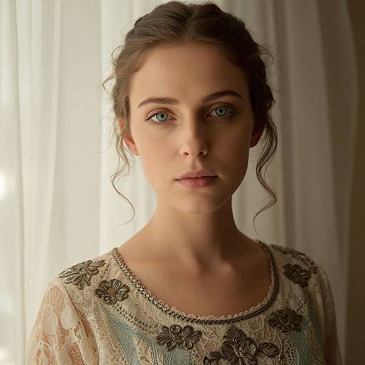 Photograph of a young woman with fair skin, blue eyes, and brown hair in a loose updo, wearing a lace top with floral embroidery,