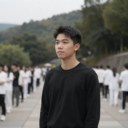 Young Man on Stone Pathway with Forest