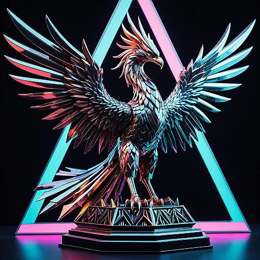 Metallic Phoenix Figurine with Neon Cyberpunk Lighting