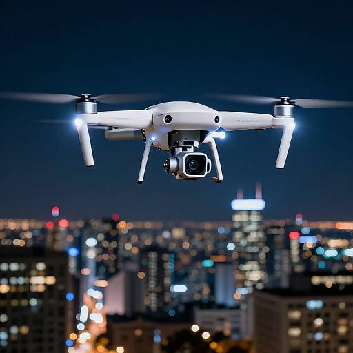 Photograph of a white drone with glowing lights flying over a brightly lit, blurred cityscape at night.
