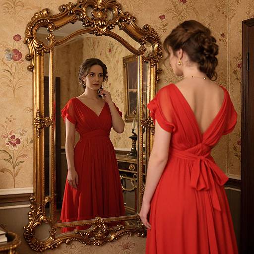A woman in a red, V-neck, backless dress stands before an ornate gold mirror, gazing at her reflection in a vintage, floral