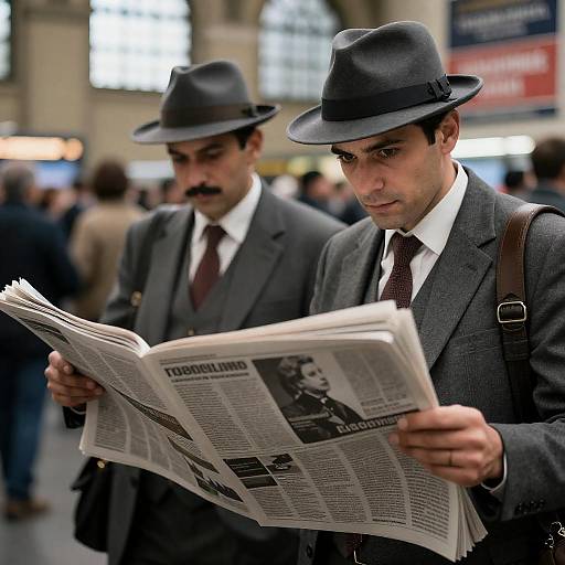 Two Men in Gray Fedoras Reading Newspapers