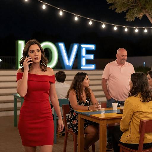 Vibrant Night Scene with Friends and Lights