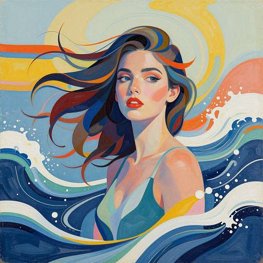 Digital painting of a fair-skinned woman with red lips, brown hair, and blue tank top, surrounded by vibrant ocean waves and a bright sun,