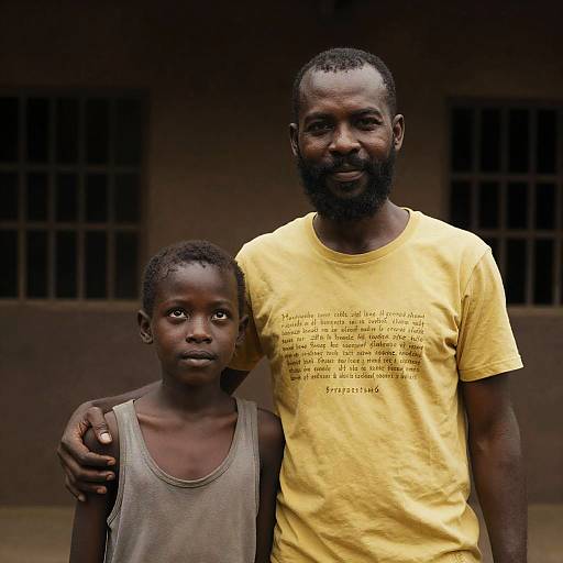 Man and Boy Outside Brown Building