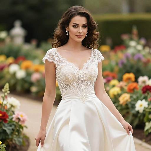 Elegant Woman in Satin Gown Amid Flowers