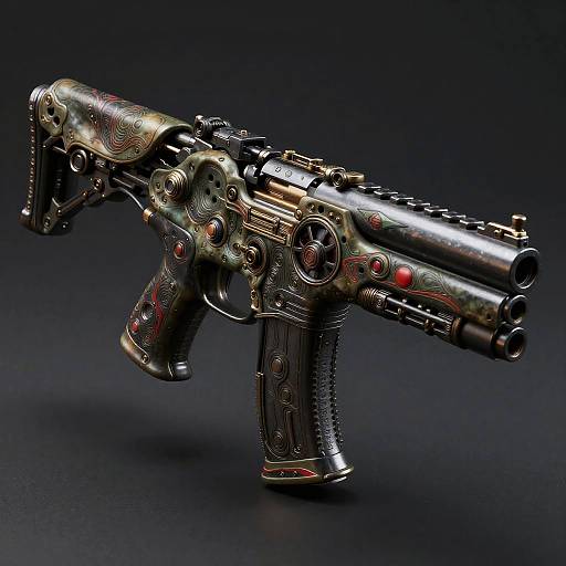 Photograph of a highly detailed, ornate, black and silver sci-fi handgun with intricate red and gold patterns, set against a dark background.