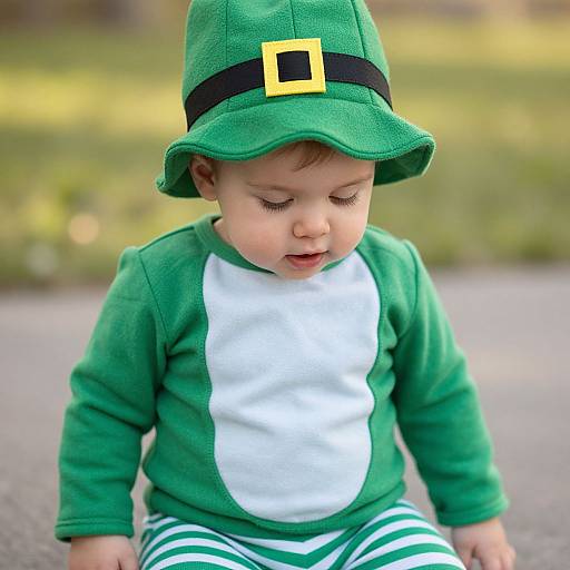 Photograph of a baby in a green leprechaun outfit with a black-banded hat, white shirt, and green-striped pants, sitting outdoors