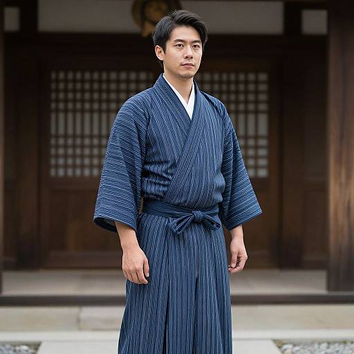 Photograph of an Asian man in a navy blue, pinstriped kimono, standing in front of a traditional wooden Japanese building with lattice windows