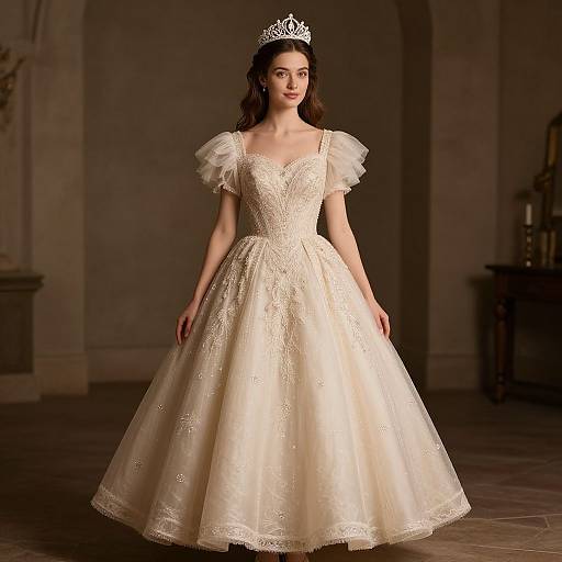 Photograph of a young woman with fair skin and dark brown hair, wearing a white, lace-embellished, puffed-sleeve ball