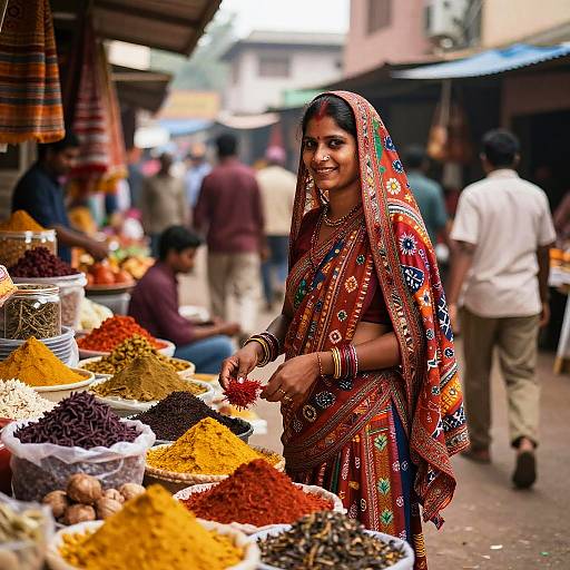 Photograph of a smiling Indian woman in a colorful, patterned saree, standing at a spice market stall with vibrant spices, surrounded by busy,