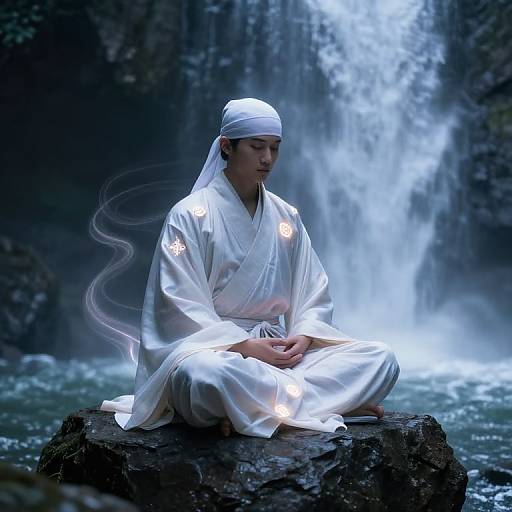 Photograph of a serene Asian woman in white kimono and headscarf, meditating on a rock by a cascading waterfall.