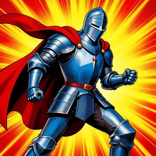 Digital illustration of a muscular knight in shiny blue armor with a red cape, fists clenched, set against a vibrant yellow and red burst background. Dynamic