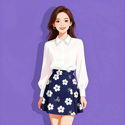 Digital illustration of an Asian woman with long brown hair, wearing a white long-sleeve blouse and navy floral skirt, standing against a solid purple background