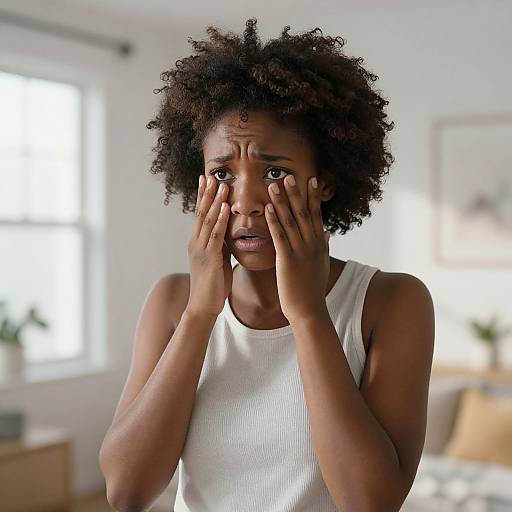 Photograph of a concerned Black woman with curly hair, wearing a white tank top, covering her face with both hands in a bright, modern living room