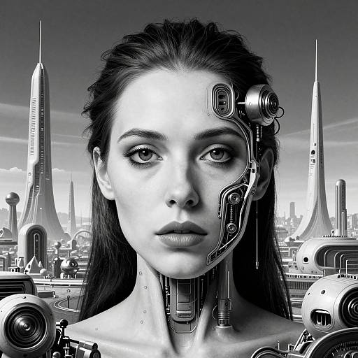Black-and-white digital artwork of a cybernetic woman with robotic enhancements, set against a futuristic cityscape with tall, sleek skyscrapers.