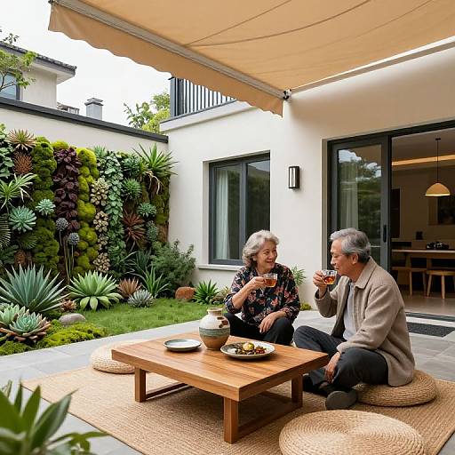 Photograph of an elderly couple sitting on wicker cushions, enjoying tea and snacks on a wooden table in a modern, lush garden patio under a beige
