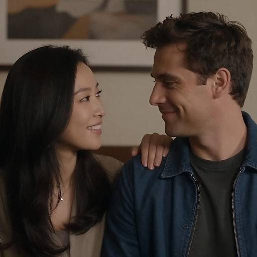 Photograph of a smiling Asian woman with long black hair and a white top, and a white man with short brown hair in a blue jacket, leaning