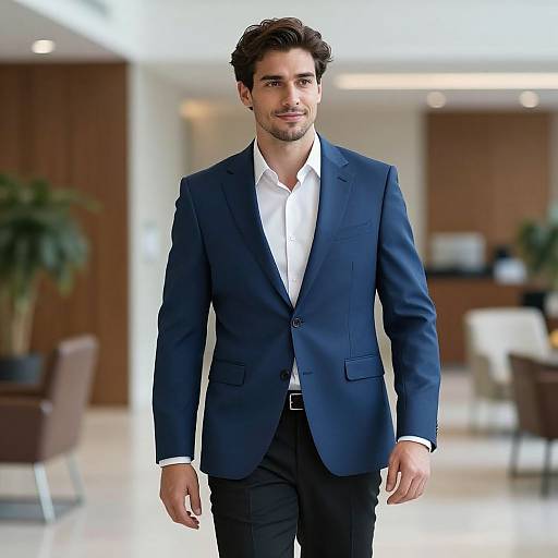 Photograph of a handsome man with dark wavy hair, light skin, and trimmed beard, wearing a navy suit and white shirt, walking in a