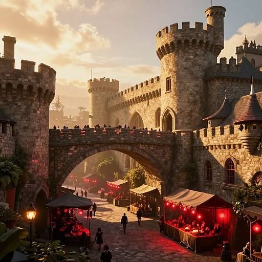 Photograph of a medieval castle at sunset with a stone archway, red-lit market stalls, and people walking underneath. Warm, golden light casts