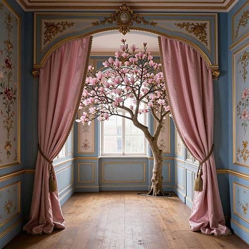 Photograph of a room with blue walls, floral patterns, pink curtains, wooden floor, and a blooming cherry tree in front of a window.