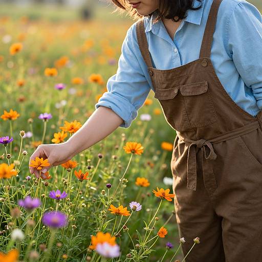 Photograph of a person with shoulder-length dark hair, wearing a light blue shirt and brown overalls, gently touching orange and purple wildflowers in a