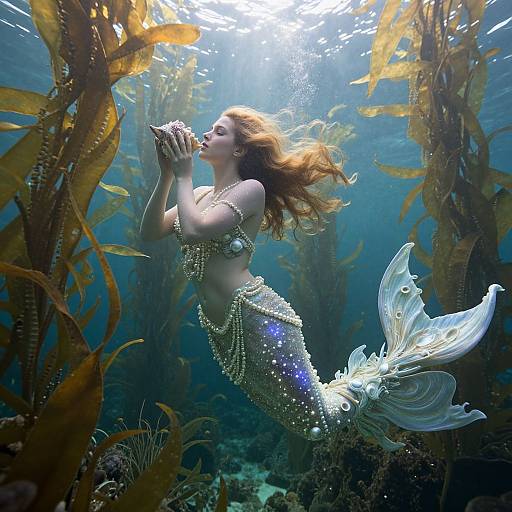 Photograph of a beautiful mermaid with long red hair, pearl-adorned top and shimmering tail, underwater, surrounded by yellow seaweed,