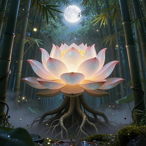 Digital art of a glowing pink lotus flower with roots, illuminated by moonlight, in a dark bamboo forest with twinkling fireflies.