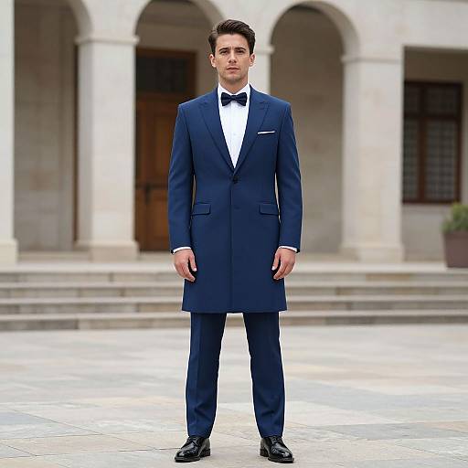 Photograph of a young Caucasian man in a navy blue formal suit, black bow tie, white shirt, standing in front of an arched stone building