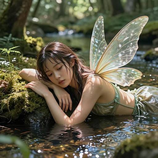 Photorealistic digital artwork of a fairy with translucent wings, resting her head on mossy forest stream, eyes closed, serene. Sunlight filters through
