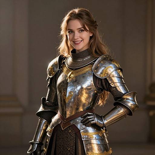 Photorealistic CGI of a smiling young woman with long brown hair, wearing shiny, ornate golden and silver medieval armor, standing confidently in a dim