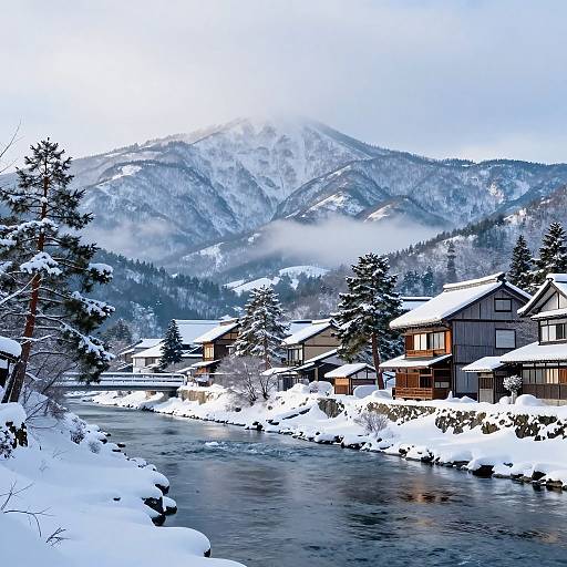 Photograph of a snowy mountain village with wooden houses, a flowing river, and pine trees, set against a misty, snow-covered mountain backdrop.