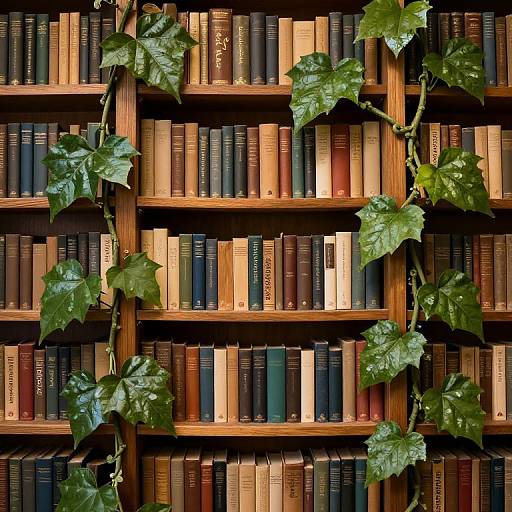 Photograph of a wooden bookshelf filled with various colored hardcover books, adorned with lush, green ivy leaves cascading down.