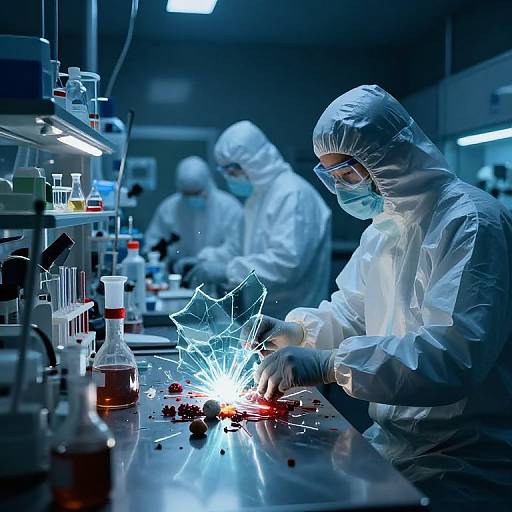 Photograph of two scientists in white hazmat suits and masks, working in a blue-lit laboratory, using a spark welder on metallic samples on