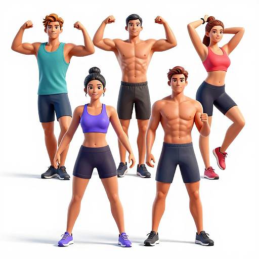CGI image of five fit, diverse individuals posing in workout clothes, showcasing muscular physiques, with flexed arms and confident stances.