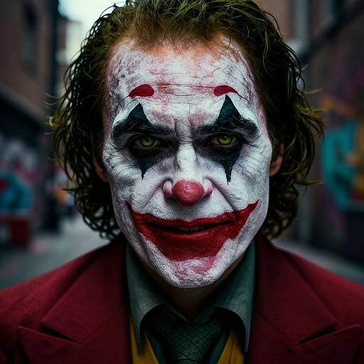 Photograph of a clown-faced man with green eyes, red lips, black star-shaped eye makeup, messy brown hair, and red coat, standing in