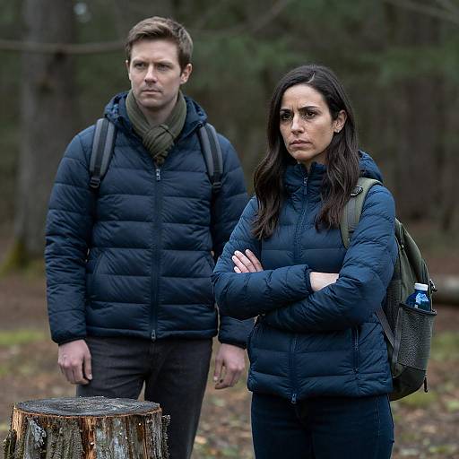 Photograph of a serious-looking woman with long dark hair, wearing a blue puffer jacket and black pants, standing in a forest with a man in