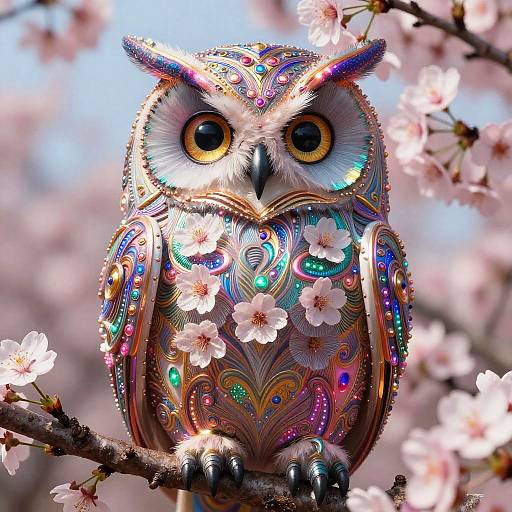 Ornate Psychedelic Baroque Owl with Cherry Blossoms