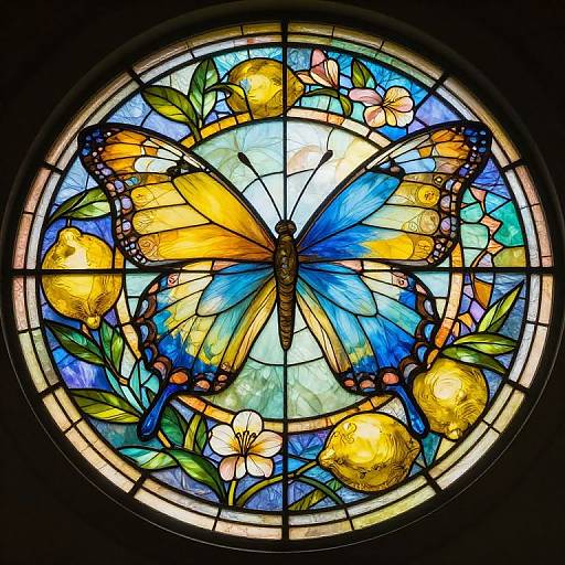 Vibrant stained glass circular window depicting a large blue and yellow butterfly surrounded by lemons, flowers, and green leaves.