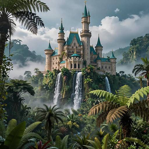 Majestic Fantasy Castle in Misty Rainforest