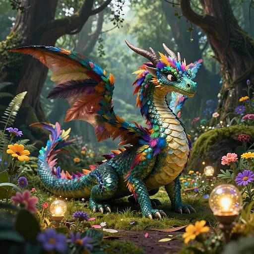 Vibrant Feathered Dragon in Enchanted Forest