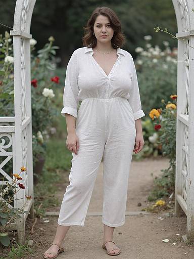 Photograph of a curvy, dark-haired woman in a white, button-down jumpsuit, standing in a garden archway with blooming flowers.
