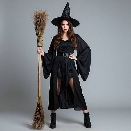 Photograph of a fair-skinned woman with long brown hair, wearing a black witch hat, long black dress, and boots, holding a broom