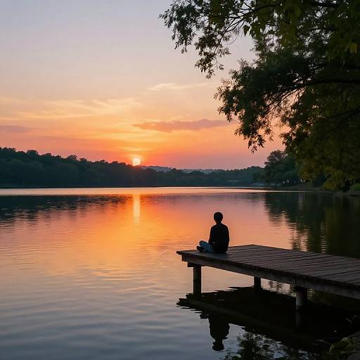 Silhouetted person sitting on wooden dock at sunset, reflecting orange and pink sky on calm lake, surrounded by trees. Photographic image.