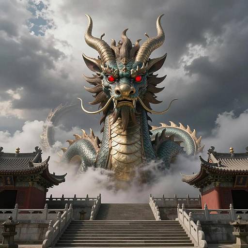 Giant Eastern Dragon with Red Eyes Above Ancient Temple