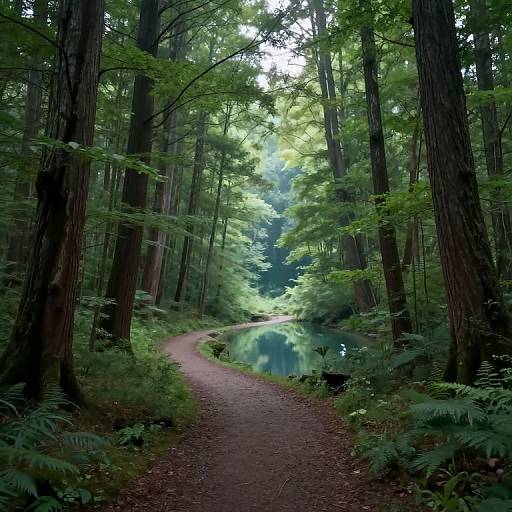 Photograph of a serene forest path winding through tall, lush green trees, leading to a reflective, blue-tinted lake in the distance. Sun