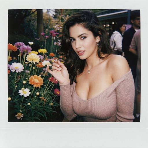 Photograph of a brunette woman with wavy hair, large breasts, wearing an off-shoulder beige sweater, among colorful flowers, with blurred people