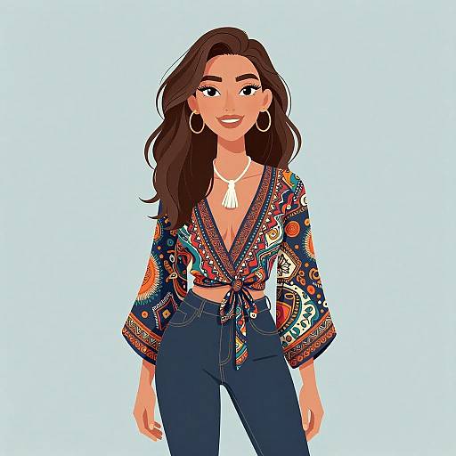 Digital illustration of a smiling woman with long brown hair, wearing a colorful, patterned blouse, blue high-waisted jeans, hoop earrings, and